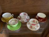 Selection of 4 Adderley bone china teacups and plates + 1 Aynsley floral teacup and plate