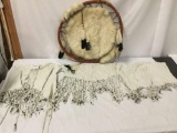 Native American handmade cowhide with feather accents war shield & 3 pcs of beaded leather apparel