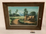 Vintage original painting on board of huts /small village , signed by unknown artist approximately