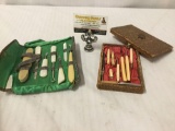 2 small antique vanity kits w/ French Ivory & Mother of Pearl manicure/pedicure sets