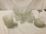 Vintage glass punch bowl set incl. 9 small bowl, 11 plates, 2 larger bowls, 10 cups & 1 ladle