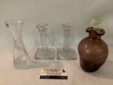 Lot of 4 art glass / crystal home decor - cut crystal vase from USSR, glass candle holders etc