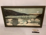 Antique framed hand tinted photograph of a glacier, approximately 21 x 12 inches