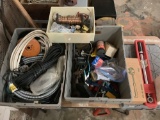 2x plastic tubs full of electrical hardware, shop bits, cable, cord, hand tools and more. Large lot!