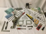 Big lot of assorted tools. Lot includes a saw, many wrench?s, a Drill support, boxes of nails &