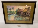 Framed original watercolor painting huts/village, signed by unknown artist, approximately 25 x 20