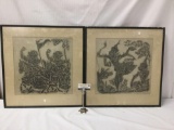 Pair of Asian Temple prints on textile.