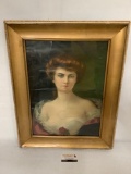 modern repro print portrait of a woman by H. Rondel approx 23x29 inches in vintage frame