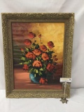 Original framed still life impressionist oil painting of roses in a vase. Signed by unknown artist.