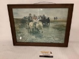 Antique framed print of horse carriage riders Crossing Creek, approximately 16.5 x 12.5 inches