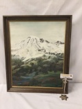 Original oil painting depicting a mountain scene. Signed by unidentified artist.