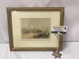 Vintage hand tinted steel engraving of David Roberts View on the Nile in wood frame and nice mat