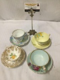4 china tea cups and saucers incl. 3 paragon sets, mountain bluebell and Majesty the queen patterns