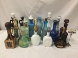 Collection of 17 vintage collectible glass decanters with marbled glass, milk glass, bowling pins,