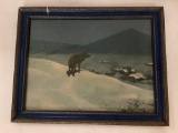 Antique framed print of lone wolf in winter on hill overlooking a village approximately 19 x 15