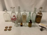 Lot of vintage glass bottles, insulator and milk bottle caps, Adams, Watkins, Overbrooks, Fawndale