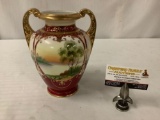 Handpainted Japanese 1940's Nippon vase with nature scene design approximately 9 x 7 inches