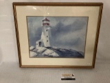 Framed lighthouse print, artist unknown, approx 21.5x18 inches.