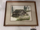 Framed original watercolor cabin painting by E. Wennersten approx 21x17 inches.