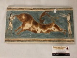 Antique repro Bull Jumping painted wall art, marked: Agora Geta fresco 1500 BC approx 14x8 inches.