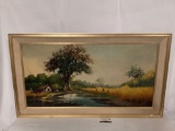 Large framed vintage original canvas painting signed by artist Del Solar, approx 45x26 inches.