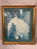 Large framed white peacocks art print by unknown artist, approximately 34 x 40 inches