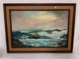 Large framed original painting of ocean waves signed by Lila lunch, 44 x 31 inches
