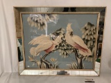 Vintage mirror framed cockatoo art by Turner, approx 32x27 inches.