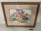 Framed watercolor flower basket lithograph print signed by artist Dawna Barton w/ COA 1987,