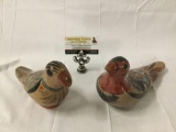 2 vintage European handpainted ceramic bird art pieces with colorful design