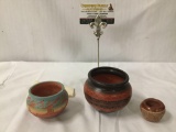 Lot of 3 Native American pottery pieces incl. Navajo Dixon, Red Earth Pottery - unmarked