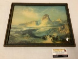 Antique framed print of scenic mountains and horseback traveling party, signed: Moray