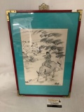 Framed vintage Asian fabric drawing of woman riding water buffalo signed by artist Beky 13x21 inches