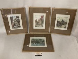 4x framed vintage tinted block prints, signed by artists, approx 15.5x12.5 inches