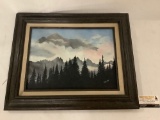 Framed original canvas mountain scene painting signed by artist Kay 1985, approx 22x18 inches.