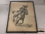 Framed original drawing of a man on horseback signed by artist Putt, approx 17x21 inches