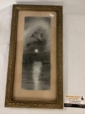 Antique framed drawing of boats by moonlight, approx 10x19 inches