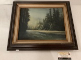 Framed original canvas painting of a river in the woods, artist unknown, approximately 19 x 16