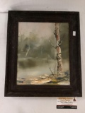 Framed original oil painting on canvas of a pond in the forest signed by artist JE 1974 approx 13x15