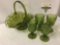 5 pieces of antique green depression glassware. four goblets and one centerpiece basket.