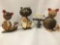 Set of 3 Asian hand painted wooden folk art animal figurines incl. Cat w/ shield & 2 mice