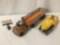 2 Hubley heavy vehicle toys incl. 1 Hubley flatbed semi-truck & trailer & a yellow Hubley bulldozer