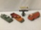 3 vintage metal toy trucks incl. faded green Tootsie Toy tow truck & dump truck & unmarked gas truck