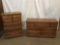 Pair of vintage 70s oak dressers - tall boy 5 drawer and long 7 drawer