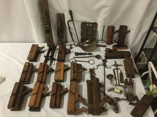 Massive antique tool lot - 25 planers, files, wrench, hanging beam scale & more primitives!