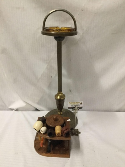 Vintage metal & glass ashtray stand w/ humidor / pipe holder w/ 6 vintage pipes