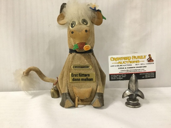 Vintage German leather cow "piggy" bank w. German plaque "First feed then milk"