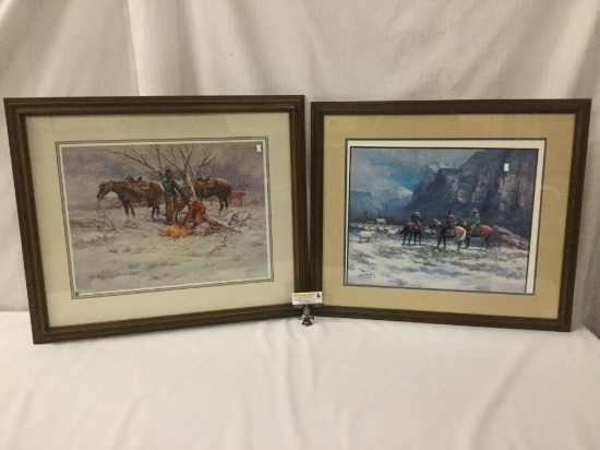 Pair of framed western prints signed by NW artist Fred Oldfield incl. print "Cowboy Fire" #'319/500