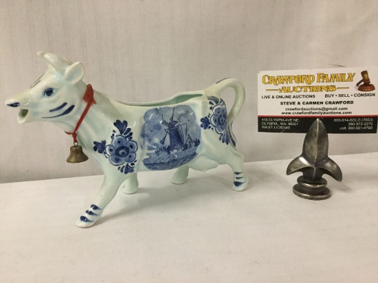 Vintage DBL Delft Blue porcelain cow planter with a bell, floral and windmill designs