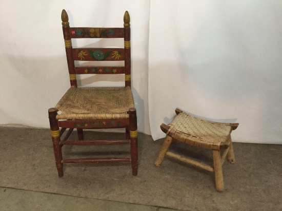 Vintage handpainted wicker and wood chair w/ floral design & woven footstool